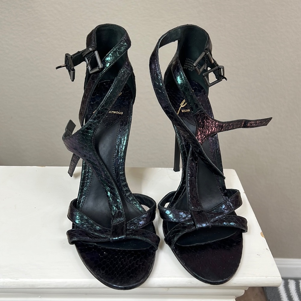 Brian Atwood High Heels - snake textured black with green and purple glow